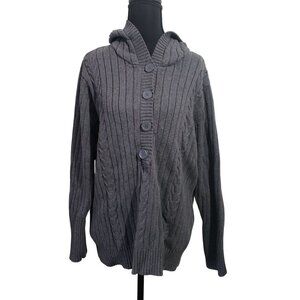 Vintage Womens Y2K Gray Ribbed Fisherman‎ Knit Hooded Cardigan Sweater Size 2X